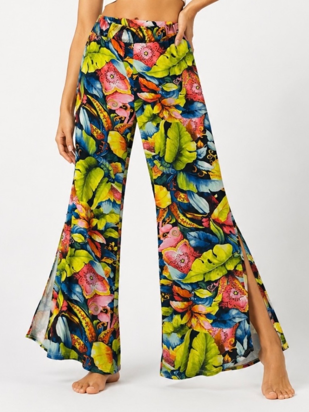 Tropical Floral Wide Leg Pants XL Multicolor Resort Vacation